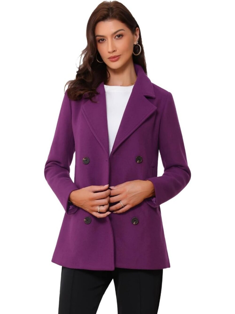 Chic Women's Winter Pea Coat, Double Breasted Lapel Outerwear, Stylish Warm